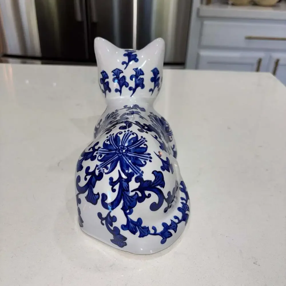 Vintage Blue and White Porcelain Chinoiserie Cat Figurine